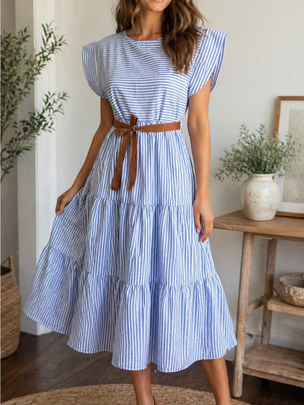 Blue & White Striped Tiered Maxi Dress with Brown Belt